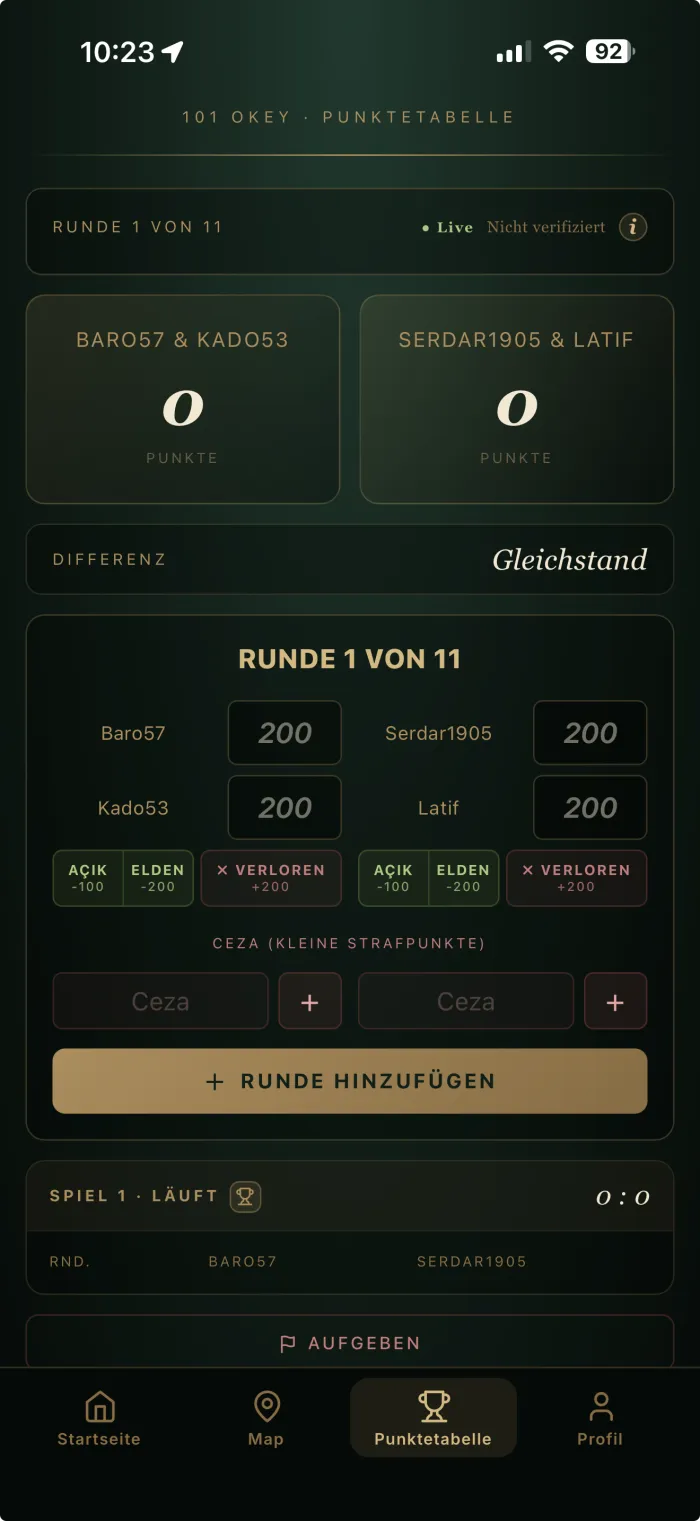 Live-Punktetabelle für 101 Okey mit zwei Teams
