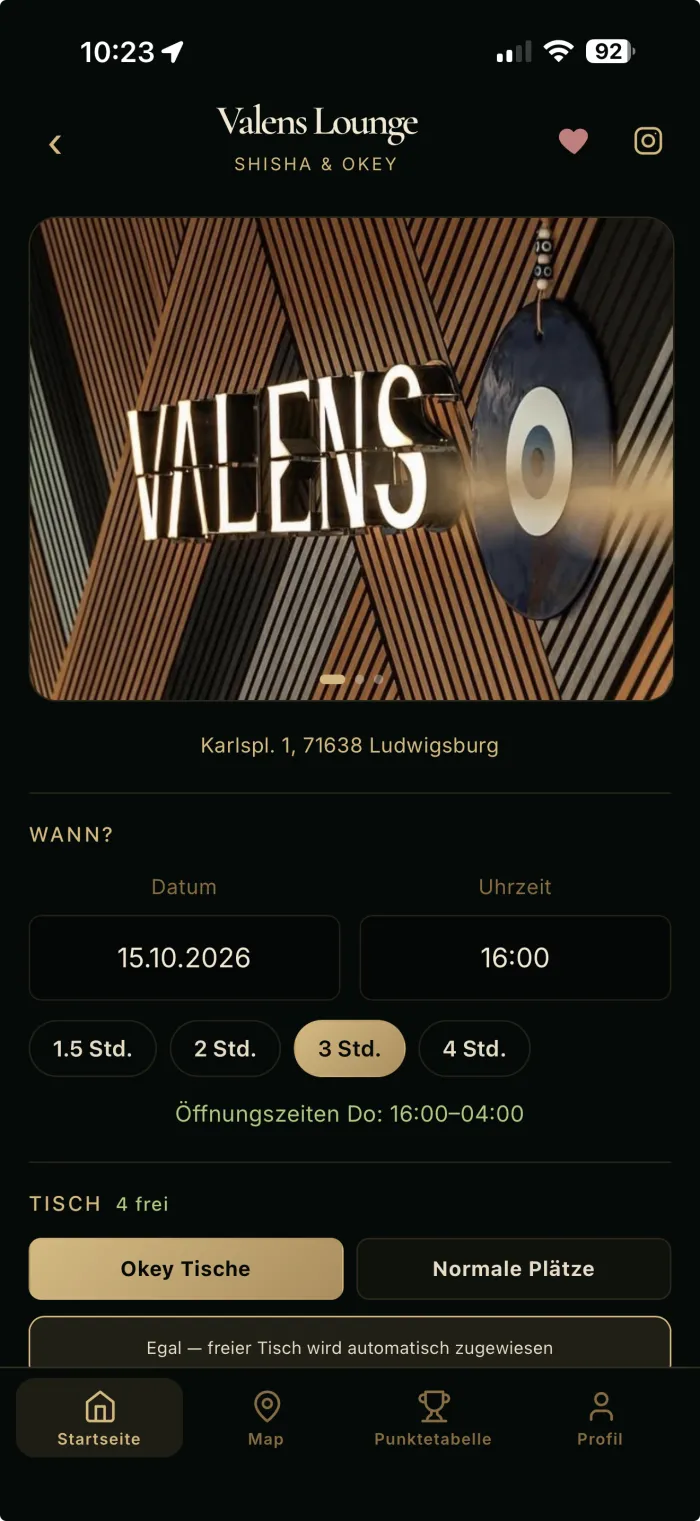 Reservierung bei der Valens Lounge mit Datum, Uhrzeit und Tischwahl